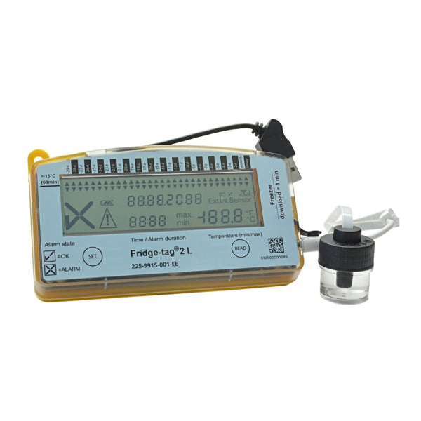 Fridge-tag® 2L Freezer Vaccine Data Logger with Alarm Fahrenheit / Celsius -22° to +131°F (-30° to +55°C) Glycol Bottle Probe Battery Operated (1014796_EA) 1/EA