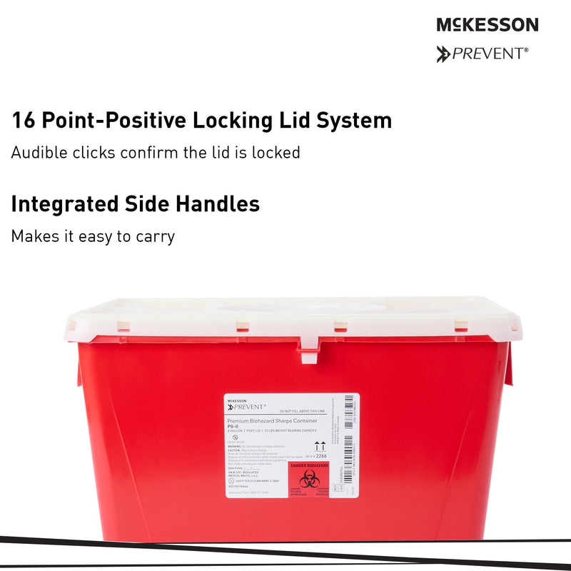 McKesson Prevent® Sharps Container Red Base 13-1/2 H X 17-3/10 W X 13 L Inch Vertical Entry 8 Gallon (854428_CS) 9/CS