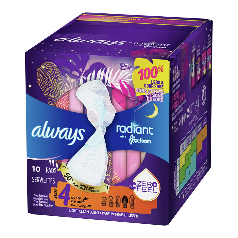 Always® Radiant with FlexFoam Feminine Pad Overnight / With Wings Heavy Absorbency (1231746_BX) 10/BX