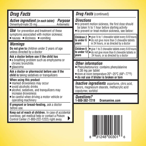 Dramamine® Motion Sickness Relief Nausea Relief 25 mg Strength Chewable Tablet 8 per Box (1218937_BX) 8/BX