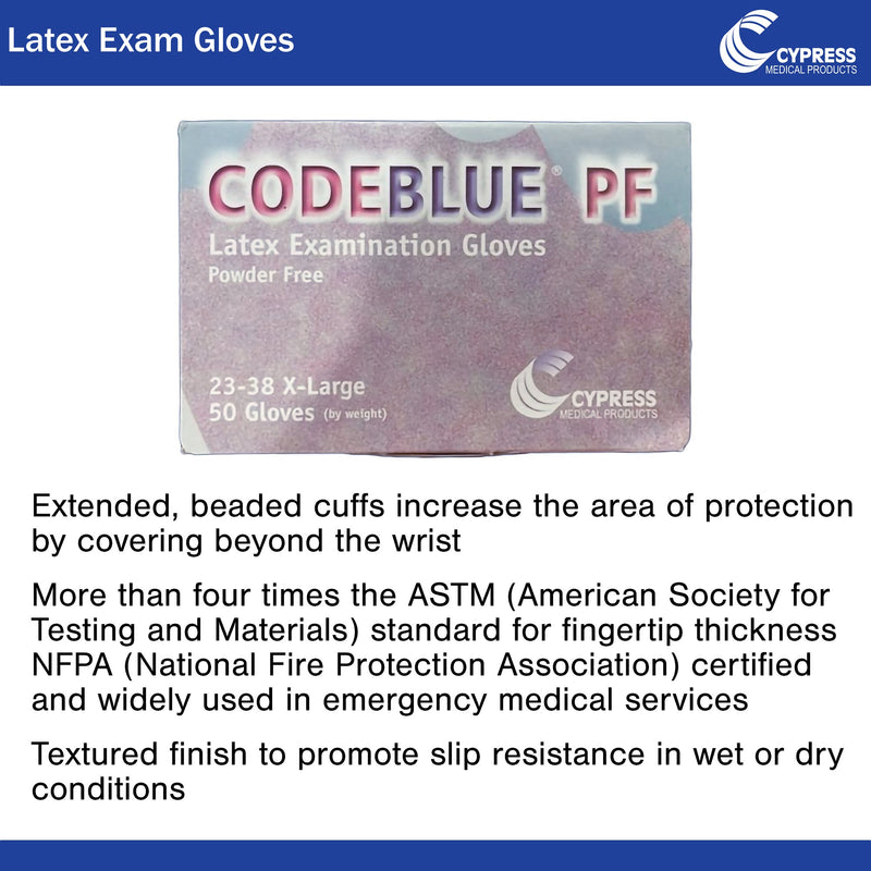 CODEBLUE® PF Exam Glove X-Large NonSterile Latex Extended Cuff Length Fully Textured Blue Not Rated (546243_CS) 10/CS