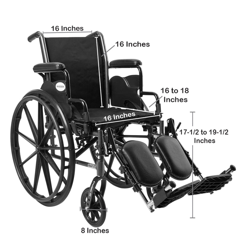 McKesson Lightweight Wheelchair Dual Axle Desk Length Arm Swing-Away Elevating Legrest Black Upholstery 16 Inch Seat Width Adult 300 lbs. Weight Capacity (1065283_EA) 1/EA