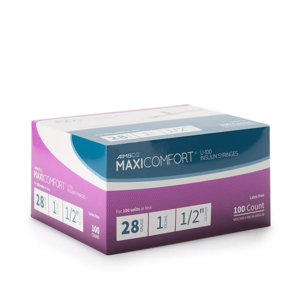 AIMSCO® Standard Insulin Syringe with Needle 1 mL 1/2 Inch 28 Gauge NonSafety Ultra Thin Wall (1182679_BX) 100/BX