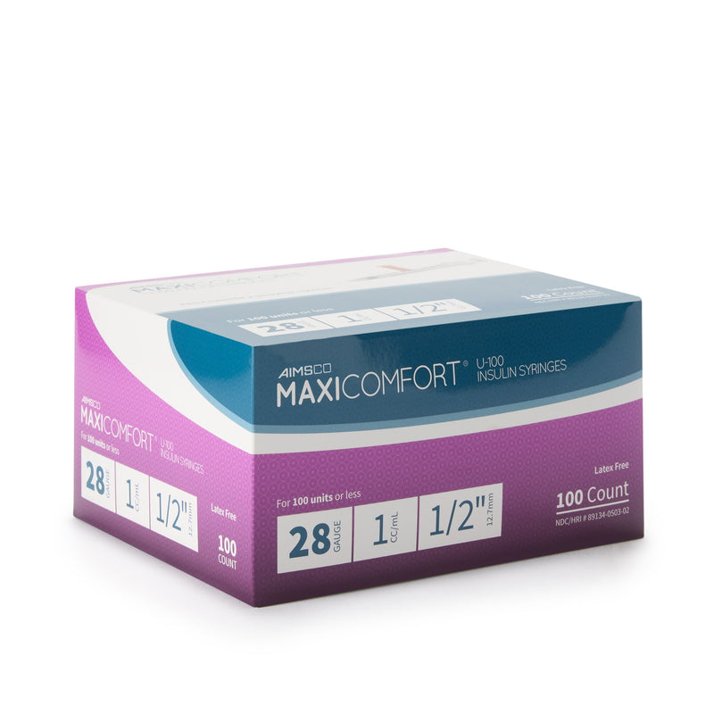 AIMSCO® Standard Insulin Syringe with Needle 1 mL 1/2 Inch 28 Gauge NonSafety Ultra Thin Wall (1182679_BX) 100/BX