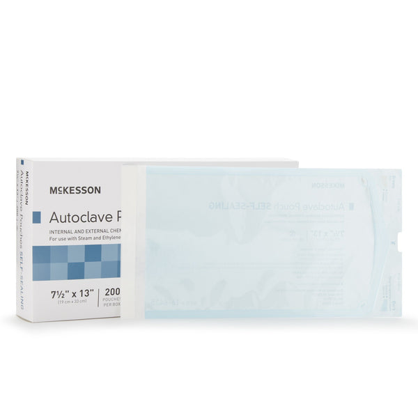 McKesson Sterilization Pouch Ethylene Oxide (EO) Gas / Steam 7-1/2 X 13 Inch Transparent Blue / White Self Seal Paper / Film (960945_BX) 200/BX