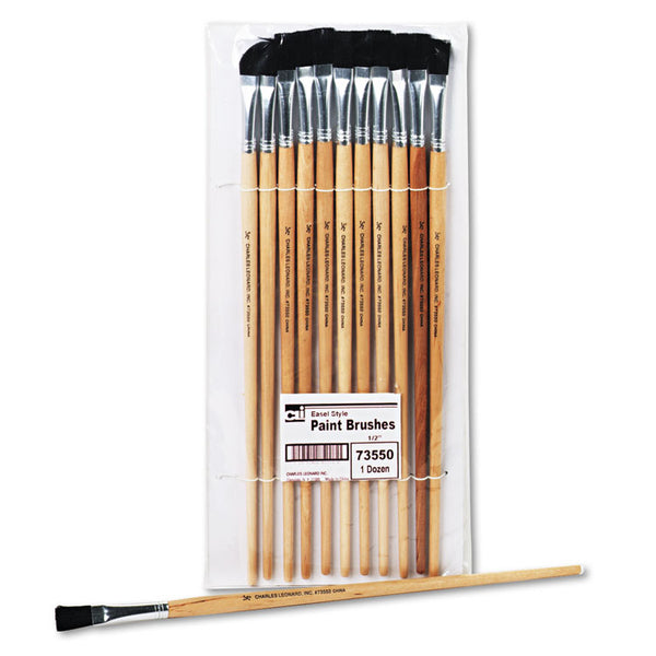 Charles Leonard® Long Handle Easel Brush, Size 12, Natural Bristle, Flat Profile, 12/Pack (LEO73550) 1 Dozen