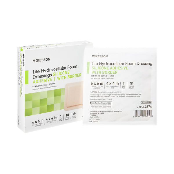McKesson Lite Thin Foam Dressing 6 X 6 Inch With Border Film Backing Silicone Gel Adhesive Square Sterile (1083091_CS) 200/CS
