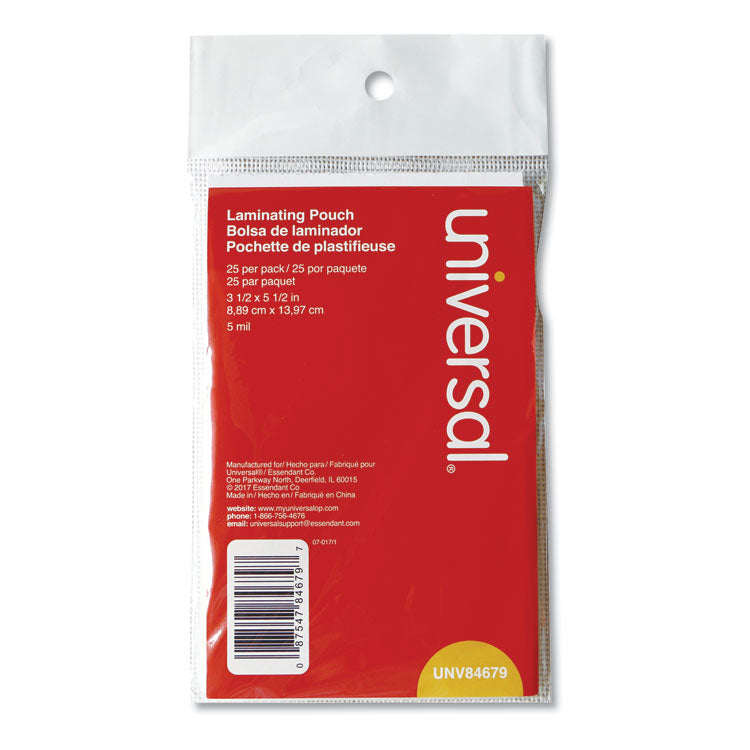 Universal® Laminating Pouches, 5 mil, 5.5" x 3.5", Gloss Clear, 25/Pack (UNV84679)