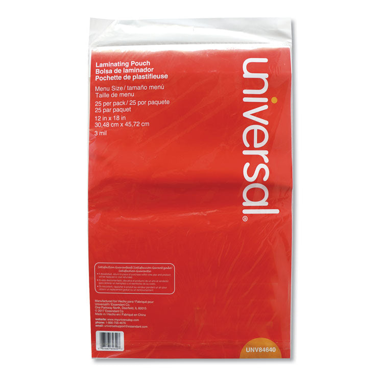 Universal® Laminating Pouches, 3 mil, 18" x 12", Gloss Clear, 25/Pack (UNV84640)