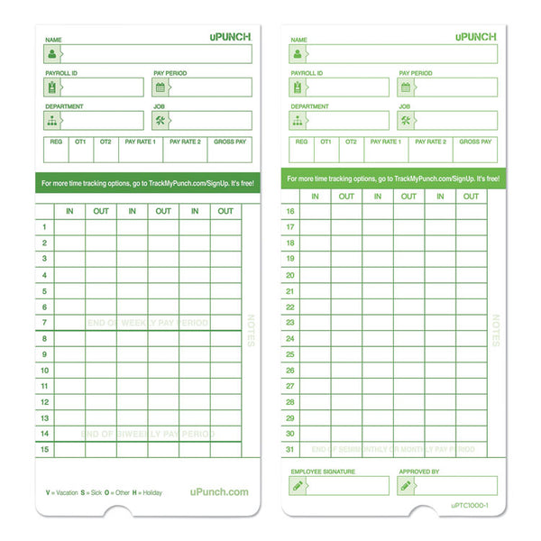 uPunch™ Time Clock Cards for uPunch HN1000/HN3000/HN3600, Two Sides, 7.5 x 3.5, 100/Pack (PPZHNTCG1100)