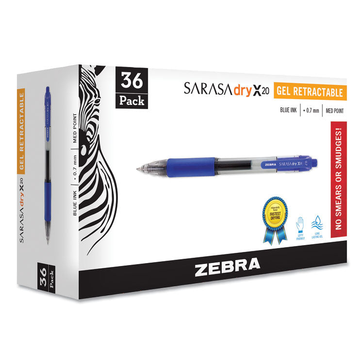 Zebra® Sarasa Dry Gel X20 Gel Pen, Retractable, Medium 0.7 mm, Blue Ink, Clear/Blue Barrel, 36/Pack (ZEB46236) Each