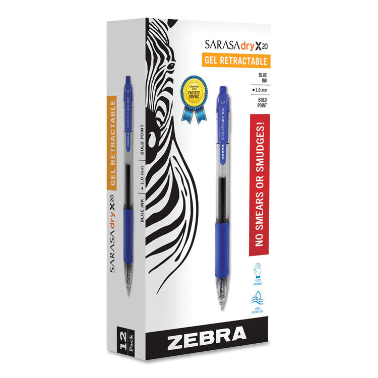 Zebra® Sarasa Dry Gel X20 Gel Pen, Retractable, Bold 1 mm, Blue Ink, Clear/Blue Barrel, 12/Pack (ZEB46620) Case of 12