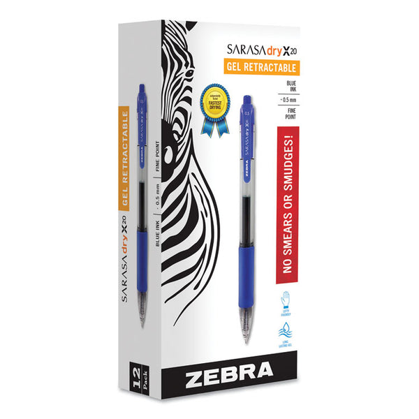 Zebra® Sarasa Dry Gel X20 Gel Pen, Retractable, Fine 0.5 mm, Blue Ink, Clear/Blue Barrel, 12/Pack (ZEB46720) 1 Dozen