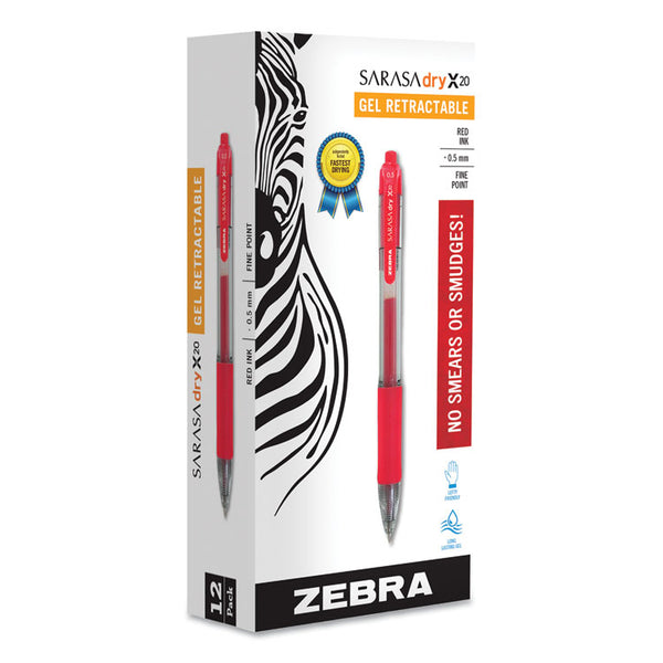 Zebra® Sarasa Dry Gel X20 Gel Pen, Retractable, Fine 0.5 mm, Red Ink, Clear/Red Barrel, 12/Pack (ZEB46730) 1 Dozen