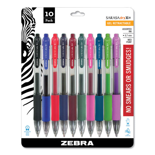 Zebra® Sarasa Dry Gel X20 Gel Pen, Retractable, Medium 0.7 mm, Assorted Ink and Barrel Colors, 10/Pack (ZEB46881) Pack of 10