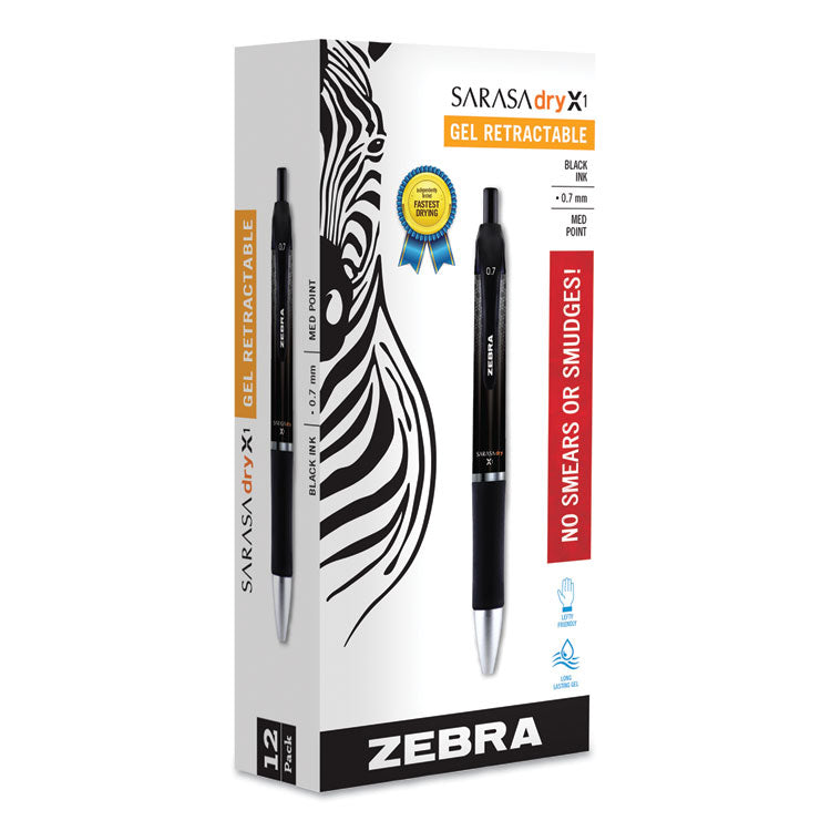 Zebra® Sarasa Dry Gel X1 Gel Pen, Retractable, Medium 0.7 mm, Black Ink, Black Barrel, 12/Pack (ZEB45610) 1 Dozen