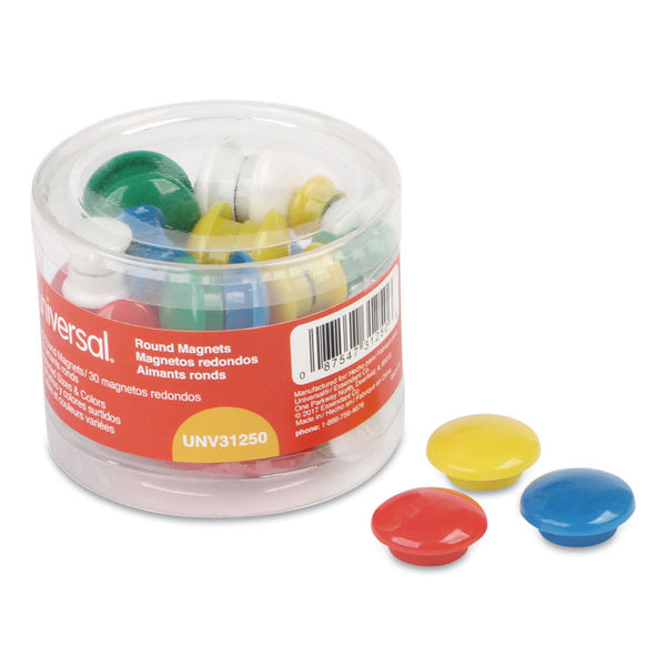 Universal® Assorted Magnets, Circles, Assorted Colors, 0.63", 1", 1.63" Diameters, 30/Pack (UNV31250)