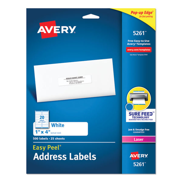 Avery® Easy Peel White Address Labels w/ Sure Feed Technology, Laser Printers, 1 x 4, White, 20/Sheet, 25 Sheets/Pack (AVE5261)