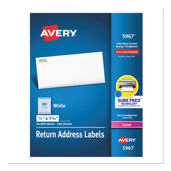 Avery® White Address Labels w/ Sure Feed Technology for Laser Printers, Laser Printers, 0.5 x 1.75, White, 80/Sheet, 250 Sheets/Box (AVE5967)