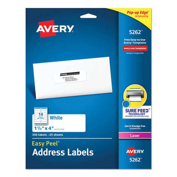 Avery® Easy Peel White Address Labels w/ Sure Feed Technology, Laser Printers, 1.33 x 4, White, 14/Sheet, 25 Sheets/Pack (AVE5262)