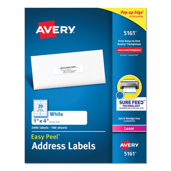 Avery® Easy Peel White Address Labels w/ Sure Feed Technology, Laser Printers, 1 x 4, White, 20/Sheet, 100 Sheets/Box (AVE5161)