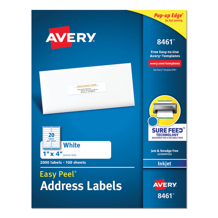 Avery® Easy Peel White Address Labels w/ Sure Feed Technology, Inkjet Printers, 1 x 4, White, 20/Sheet, 100 Sheets/Box (AVE8461)