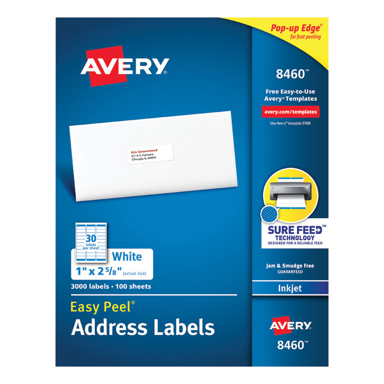 Avery® Easy Peel White Address Labels w/ Sure Feed Technology, Inkjet Printers, 1 x 2.63, White, 30/Sheet, 100 Sheets/Box (AVE8460) Box of 3000