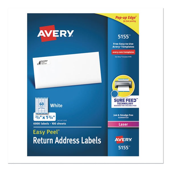 Avery® Easy Peel White Address Labels w/ Sure Feed Technology, Laser Printers, 0.66 x 1.75, White, 60/Sheet, 100 Sheets/Pack (AVE5155)