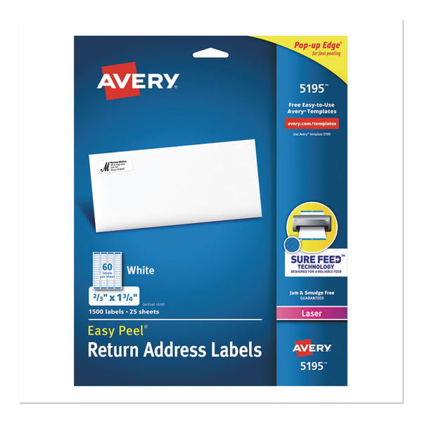 Avery® Easy Peel White Address Labels w/ Sure Feed Technology, Laser Printers, 0.66 x 1.75, White, 60/Sheet, 25 Sheets/Pack (AVE5195)