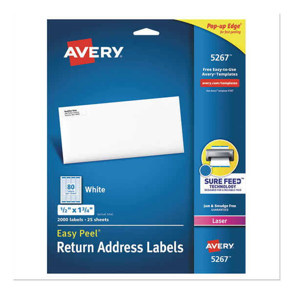 Avery® Easy Peel White Address Labels w/ Sure Feed Technology, Laser Printers, 0.5 x 1.75, White, 80/Sheet, 25 Sheets/Pack (AVE5267)