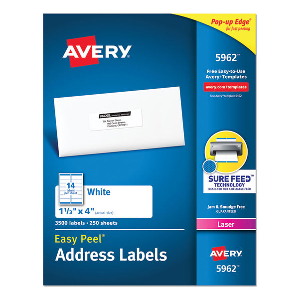 Avery® Easy Peel White Address Labels w/ Sure Feed Technology, Laser Printers, 1.33 x 4, White, 14/Sheet, 250 Sheets/Box (AVE5962)