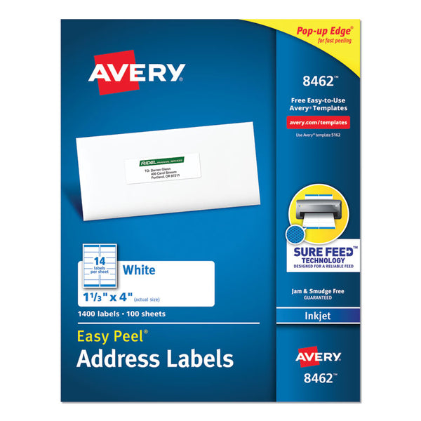 Avery® Easy Peel White Address Labels w/ Sure Feed Technology, Inkjet Printers, 1.33 x 4, White, 14/Sheet, 100 Sheets/Box (AVE8462)