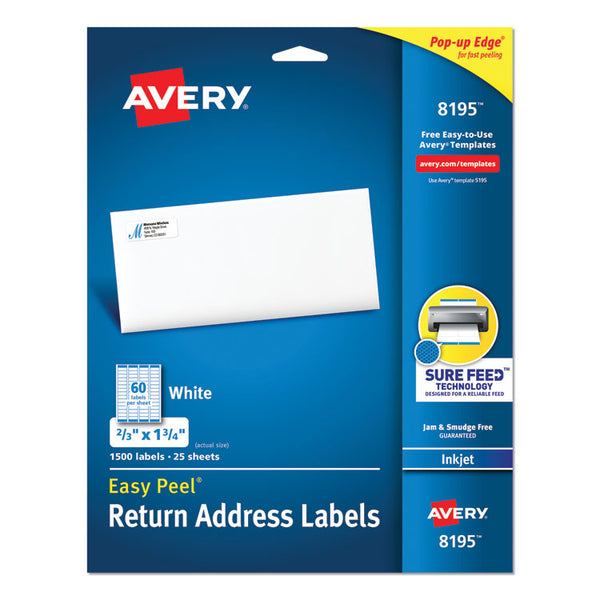 Avery® Easy Peel White Address Labels w/ Sure Feed Technology, Inkjet Printers, 0.66 x 1.75, White, 60/Sheet, 25 Sheets/Pack (AVE8195)