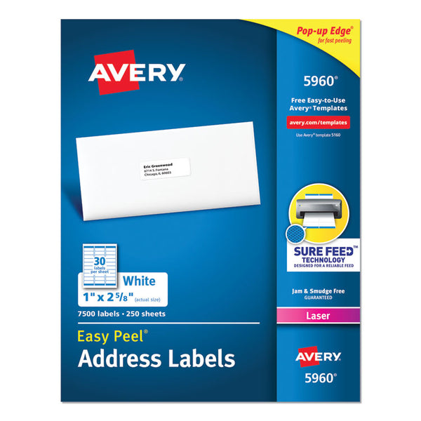 Avery® Easy Peel White Address Labels w/ Sure Feed Technology, Laser Printers, 1 x 2.63, White, 30/Sheet, 250 Sheets/Pack (AVE5960)