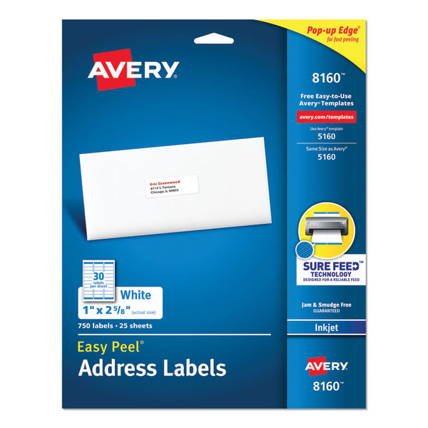 Avery® Easy Peel White Address Labels w/ Sure Feed Technology, Inkjet Printers, 1 x 2.63, White, 30/Sheet, 25 Sheets/Pack (AVE8160)