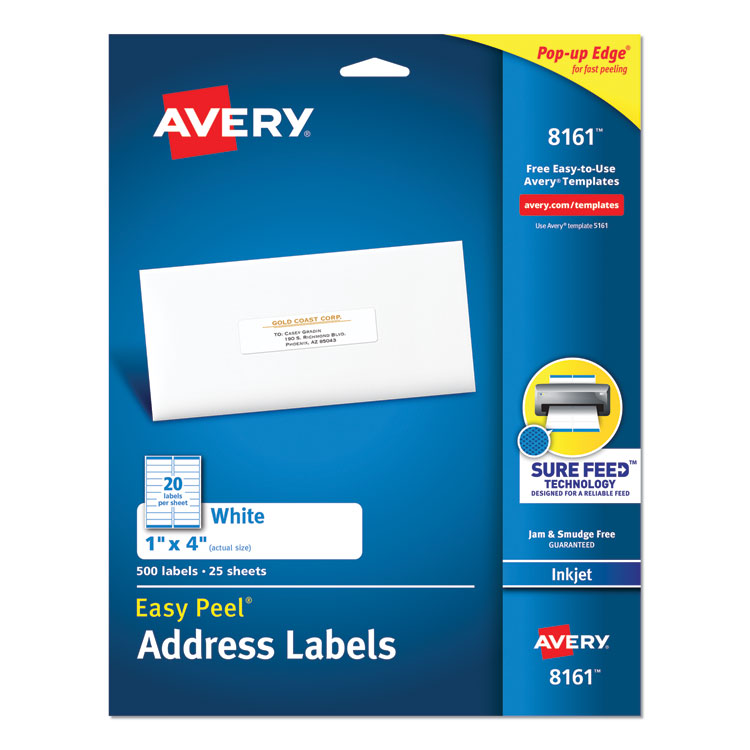 Avery® Easy Peel White Address Labels w/ Sure Feed Technology, Inkjet Printers, 1 x 4, White, 20/Sheet, 25 Sheets/Pack (AVE8161) Pack of 500
