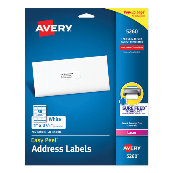 Avery® Easy Peel White Address Labels w/ Sure Feed Technology, Laser Printers, 1 x 2.63, White, 30/Sheet, 25 Sheets/Pack (AVE5260)