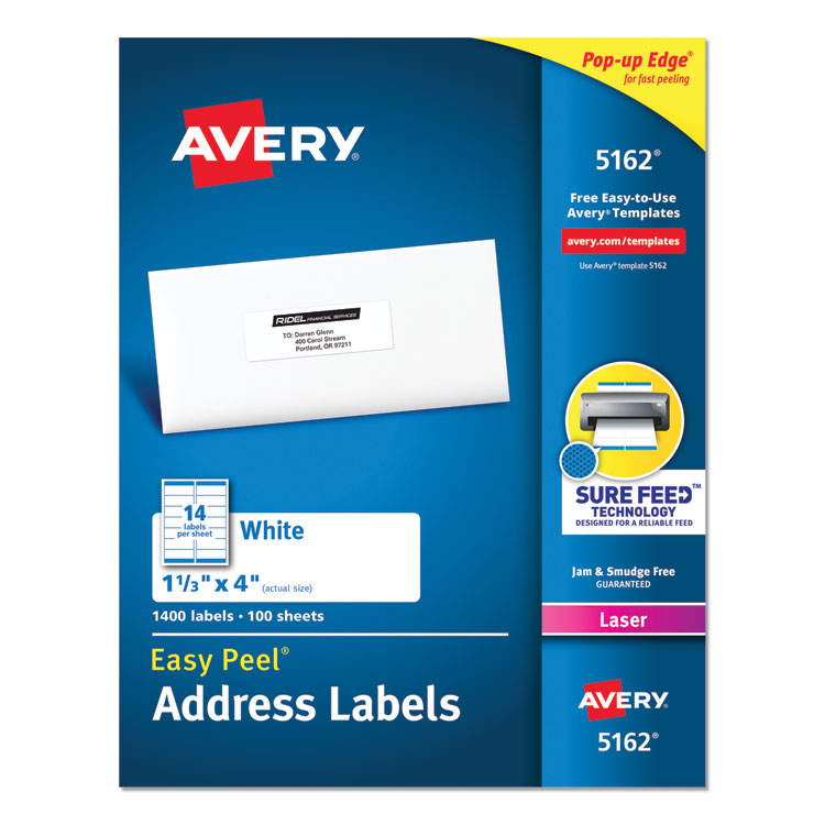 Avery® Easy Peel White Address Labels w/ Sure Feed Technology, Laser Printers, 1.33 x 4, White, 14/Sheet, 100 Sheets/Box (AVE5162)