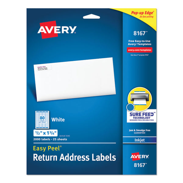 Avery® Easy Peel White Address Labels w/ Sure Feed Technology, Inkjet Printers, 0.5 x 1.75, White, 80/Sheet, 25 Sheets/Pack (AVE8167)