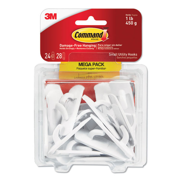Command™ General Purpose Hooks, Small, Plastic, White, 1 lb Capacity, 24 Hooks and 28 Strips/Pack (MMM17002MPES)