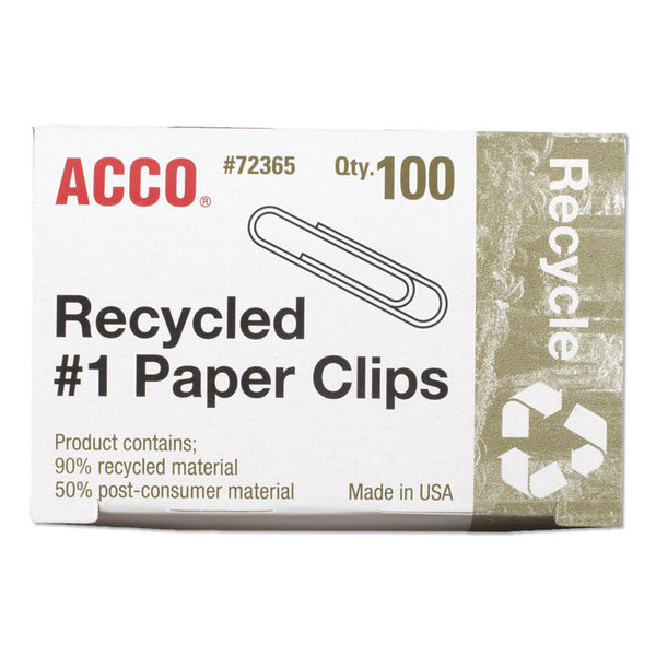 ACCO Recycled Paper Clips, #1, Smooth, Silver, 100 Clips/Box, 10 Boxes/Pack (ACC72365)