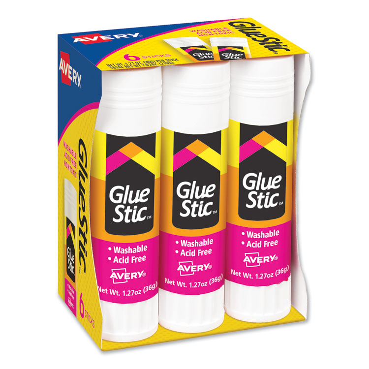 Avery® Permanent Glue Stic Value Pack, 1.27 oz, Applies White, Dries Clear, 6/Pack (AVE98073)