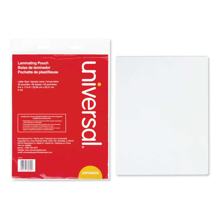 Universal® Laminating Pouches, 3 mil, 9" x 11.5", Gloss Clear, 25/Pack (UNV84620)