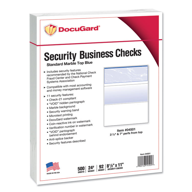 DocuGard™ Security Business Checks, 11 Features, 8.5 x 11, Blue Marble Top, 500/Ream (PRB04501)