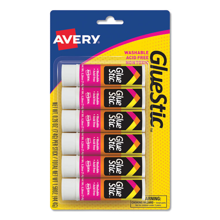 Avery® Permanent Glue Stic Value Pack, 0.26 oz, Applies White, Dries Clear, 6/Pack (AVE98095)