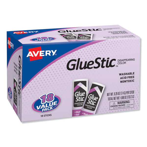 Avery® Permanent Glue Stic Value Pack, 0.26 oz, Applies Purple, Dries Clear, 18/Pack (AVE98079)