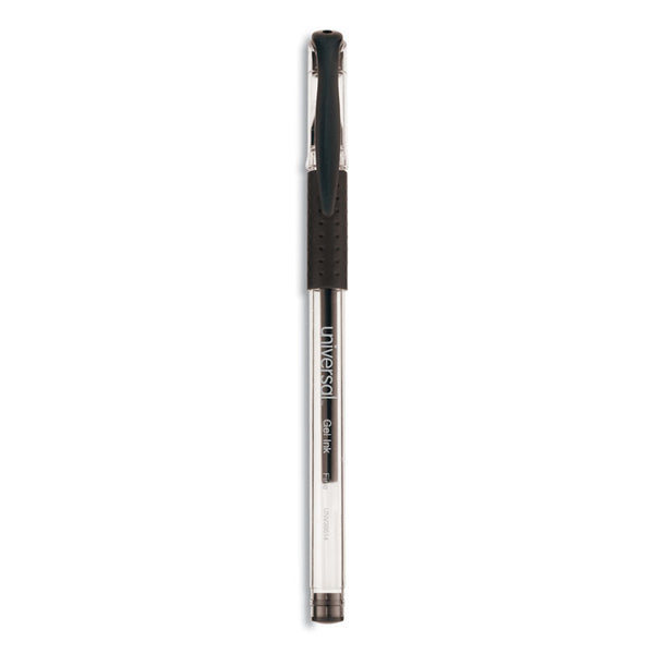 Universal™ Comfort Grip Gel Pen, Stick, Fine 0.5 mm, Black Ink, Clear/Black Barrel, Dozen (UNV39514)
