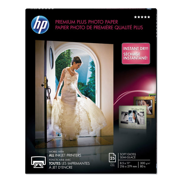 HP Premium Plus Photo Paper, 11.5 mil, 8.5 x 11, Soft-Gloss White, 25/Pack (HEWCR671A)