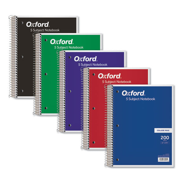 Oxford™ Coil-Lock Wirebound Notebook, 3-Hole Punched, 5-Subject, Medium/College Rule, Randomly Assorted Covers, (200) 11 x 8.5 Sheets (TOP65581)