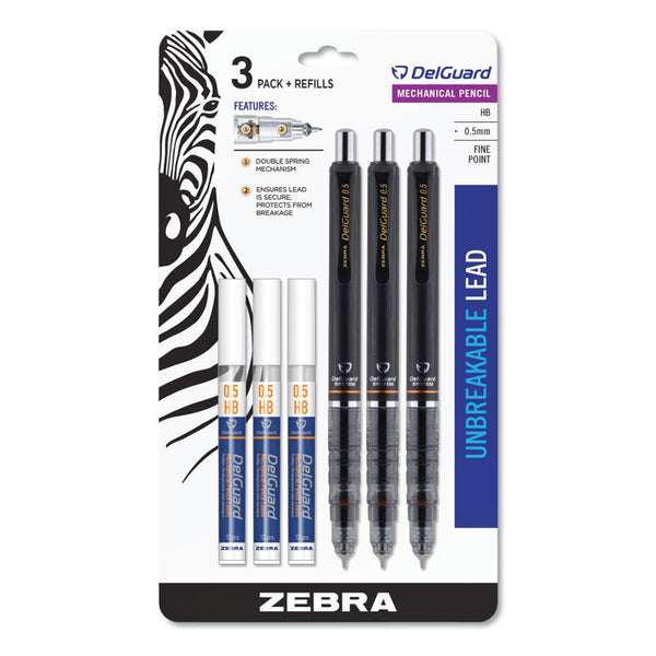 Zebra® Delguard Mechanical Pencil, 0.5 mm, HB (#2), Black Lead, Black Barrel, 3/Pack (ZEB10613)